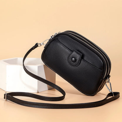 Real Leather Women’s Shoulder Bag - Mini Crossbody Purse with Three Zipper Pockets