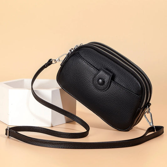 Real Leather Women’s Shoulder Bag - Mini Crossbody Purse with Three Zipper Pockets
