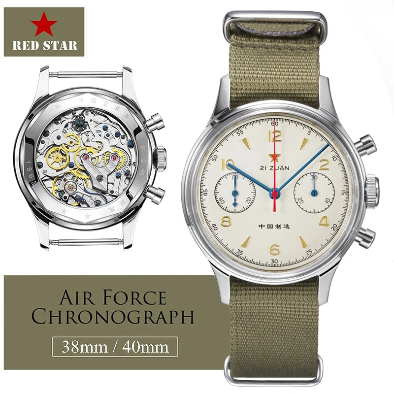 RED STAR 38mm Men's 1963 Chronograph Mechanical Watch – Pilot Air Force Aviation with Seagull ST1901 Movement & Sapphire Glass