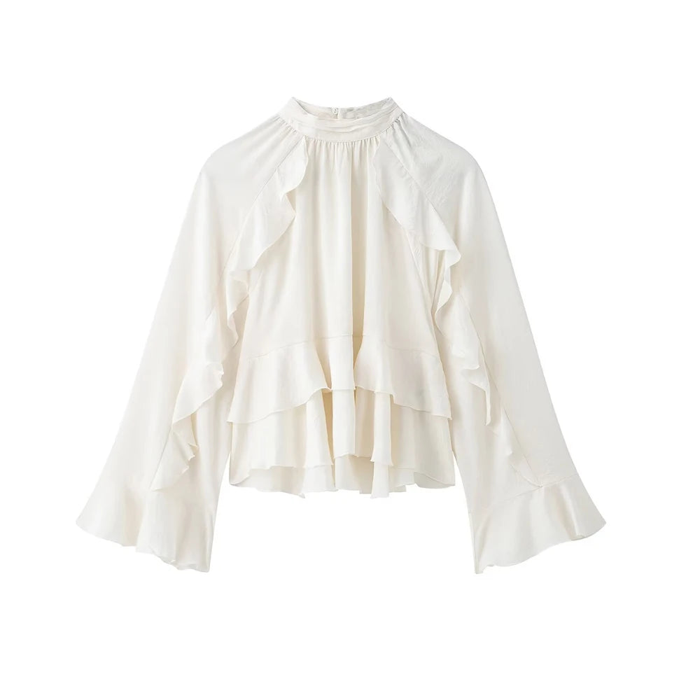 Women’s Long Sleeve Ruffled Blouse – Stand Collar Elegant Chic Fashion Shirt