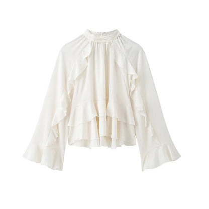 Women’s Long Sleeve Ruffled Blouse – Stand Collar Elegant Chic Fashion Shirt