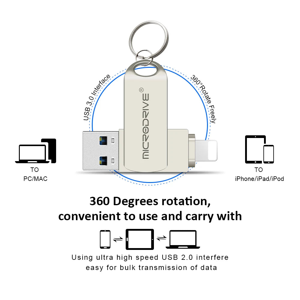 Metal OTG USB 3.0 Pen Drive – 32GB, 64GB, 128GB, 256GB Memory Stick for iPhone, iPad, Lightning, iOS
