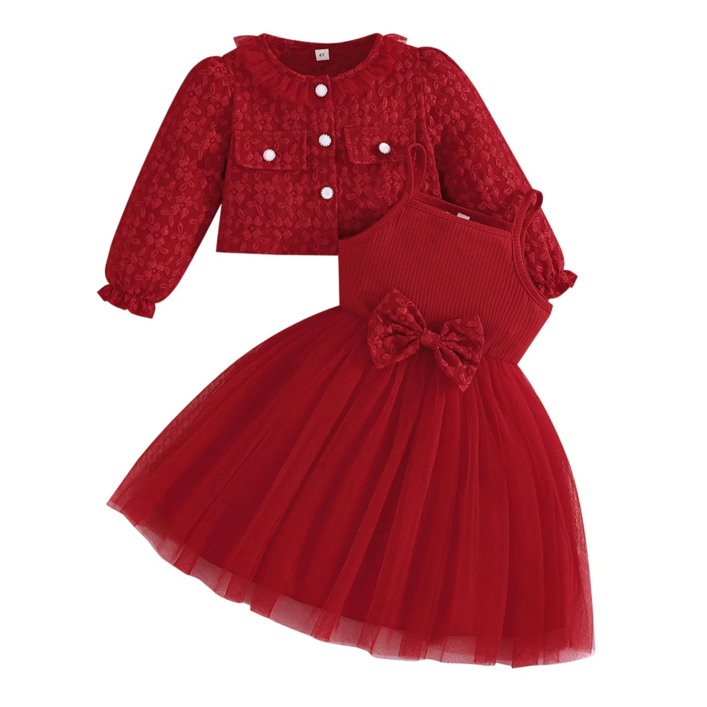 Girls' Summer & Fall 2-Piece Set – Tulle Patchwork Slip Dress with Flower Jacket, Casual Outfit for Ages 2-8Y