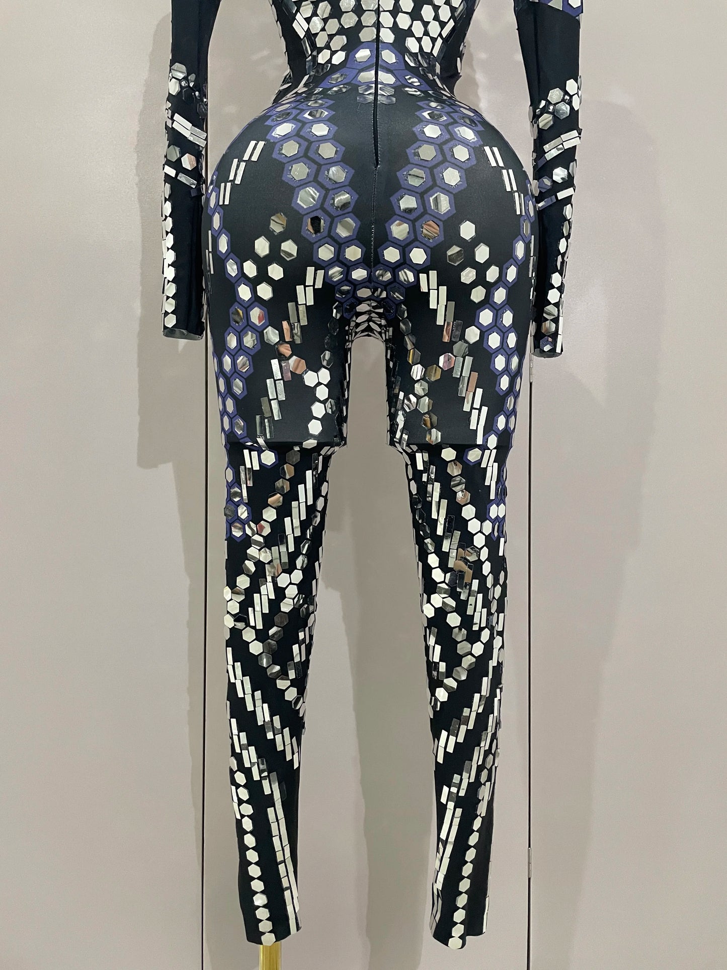 Sexy Shiny Silver Sequin & Black Spandex Jumpsuit — 2025 Women’s Prom, Dancer & Stage Performance Costume
