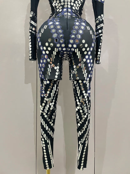 Sexy Shiny Silver Sequin & Black Spandex Jumpsuit — 2025 Women’s Prom, Dancer & Stage Performance Costume