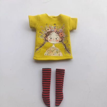 Handmade OB24 1/6 Blyth Doll Clothes – Cartoon T-Shirt with Striped Socks for 1/6 Doll Accessories