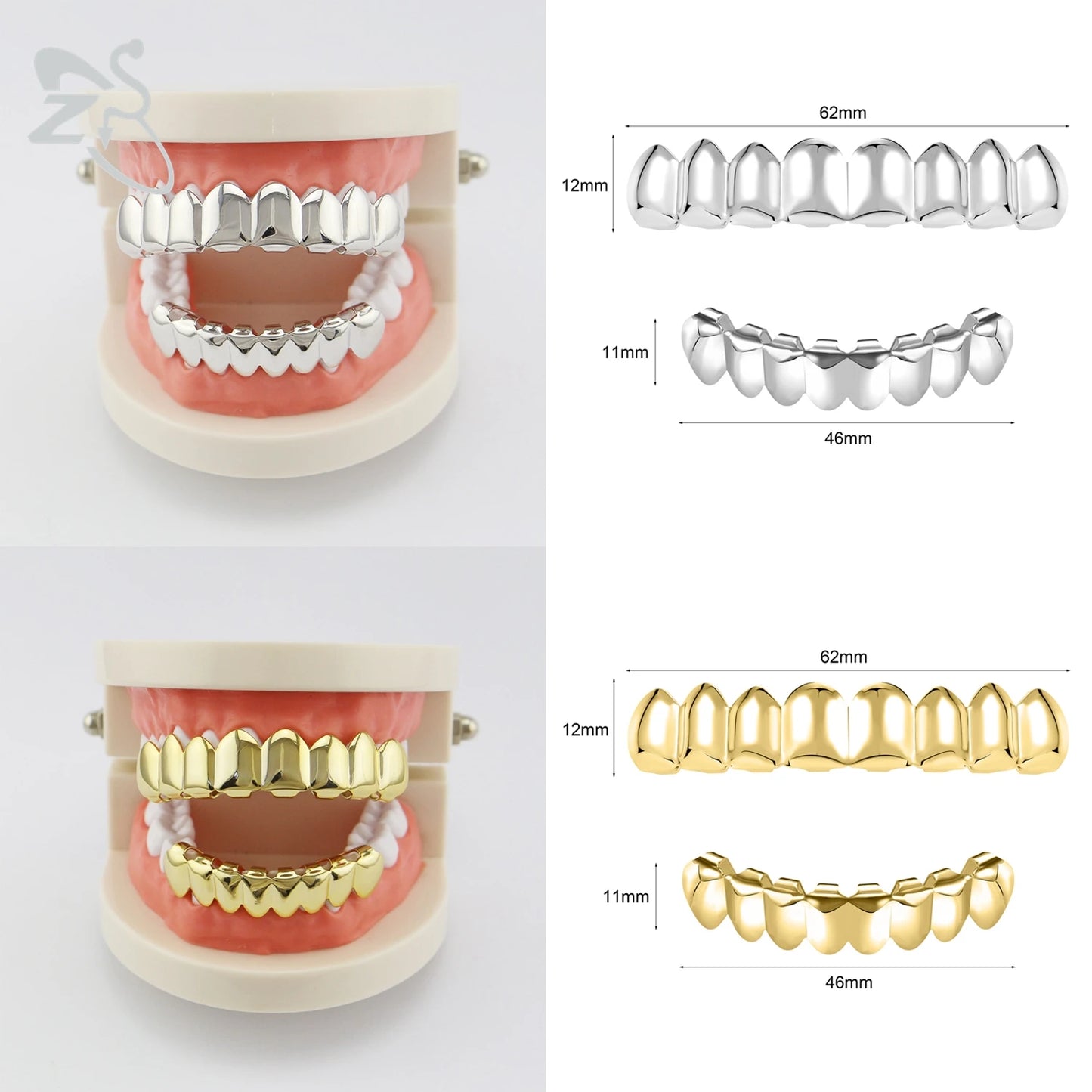 ZS Hip Hop Grillz – Silver/Gold Plated CZ Crystal Cross & Rose Star Tooth Cap, Top & Bottom Set