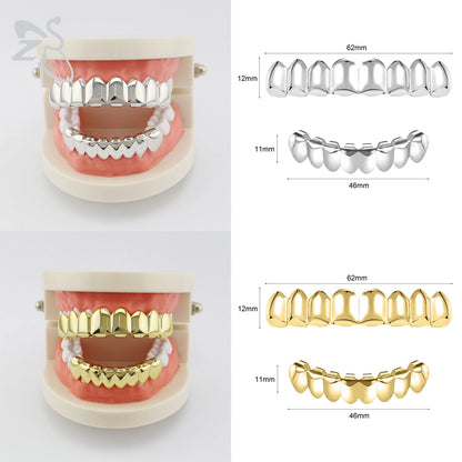 ZS Hip Hop Grillz – Silver/Gold Plated CZ Crystal Cross & Rose Star Tooth Cap, Top & Bottom Set