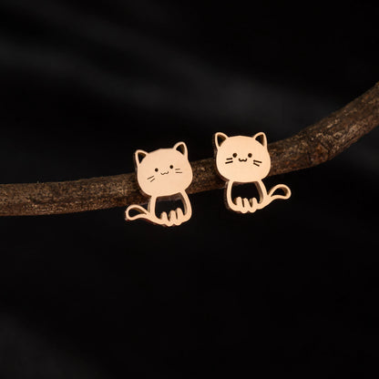Jisensp Cartoon Cat Earrings — Cute Stainless Steel Kitten Studs for Women & Girls, Funny Animal Jewelry