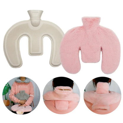 U-Shaped Hot Water Bottle Neck Wrap - Reusable Plush Heating Bag with Hand Pockets for Winter Warmth and Comfort