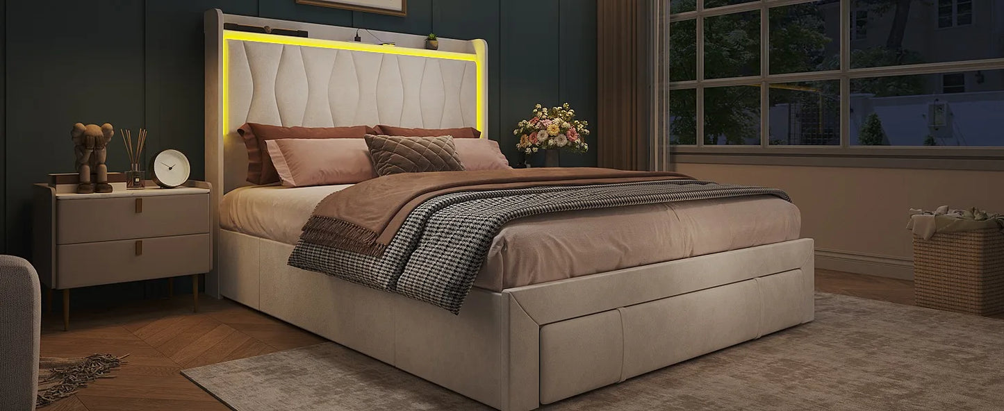 Queen Size Upholstered Platform Bed Frame with LED Lights, 3 Storage Drawers & USB Charging Station – Velvet Finish
