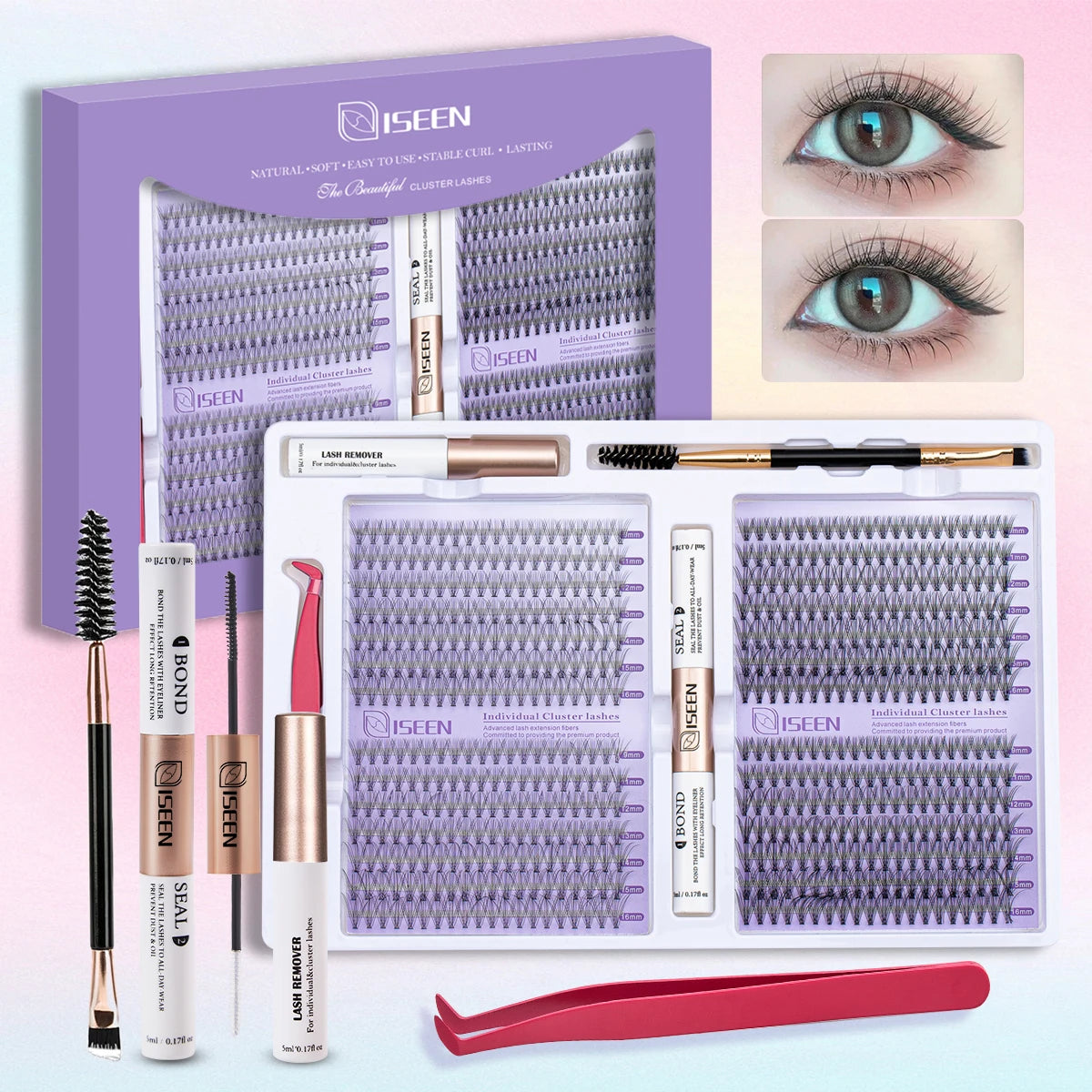 DIY Eyelash Extension Kit – Cluster Mix Eyelashes Set with Lash Bond & Seal, Tweezers & Brush for Full Lash Look