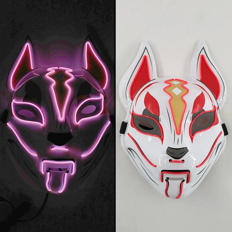 Glowing LED Fox Mask – Neon Japanese Anime-Inspired Samurai Cosplay Mask for Halloween, Christmas & Costume Parties