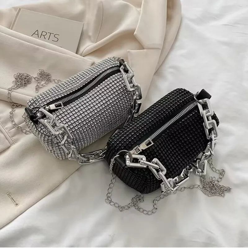 Allover Rhinestone Bucket Bag – Glitter Chain Prom Purse, Women's Mini Crossbody Bag (6.3 x 3.54 Inches)