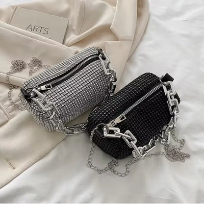 Allover Rhinestone Bucket Bag – Glitter Chain Prom Purse, Women's Mini Crossbody Bag (6.3 x 3.54 Inches)