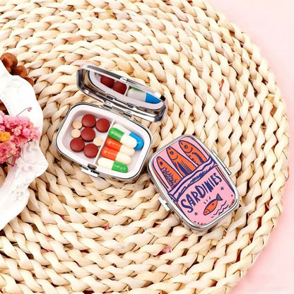 Cute Sardines Metal Pill Case - Portable 2-Compartment Mini Medicine Organizer for Pocket & Purse