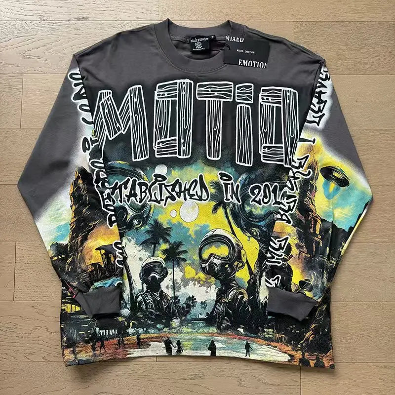 MIXED EMOTION Alien Print Long Sleeve T-Shirt - Unisex Oversized Hip Hop Crewneck Top