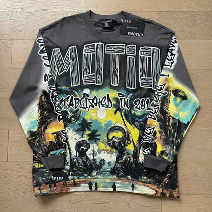 MIXED EMOTION Alien Print Long Sleeve T-Shirt - Unisex Oversized Hip Hop Crewneck Top
