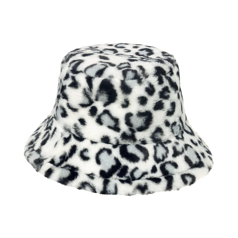 Women’s Winter Bucket Hat – Fashion Leopard Panama, Warm Vintage Faux Fur Fisherman Cap
