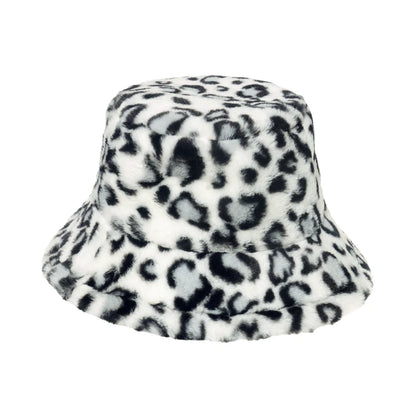Women’s Winter Bucket Hat – Fashion Leopard Panama, Warm Vintage Faux Fur Fisherman Cap