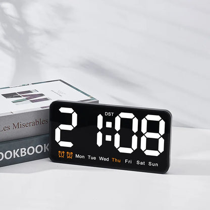 Voice Control Large Digital Wall Clock – LED Display with Temperature, Date, Week, DST, Snooze, Dual Alarm, 12/24H, Wall-Mounted or Table Use