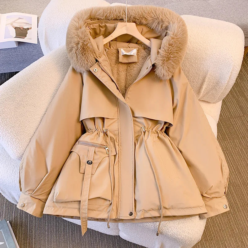 Fleece-Lined Hooded Down Jacket for Women – Warm Padded Parka, Casual Korean Streetwear Winter Coat