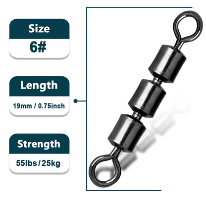 3-Roller Fishing Swivels — High-Speed Triple Bearing Stainless Steel Barrel, 15–60pcs Fishing Accessories
