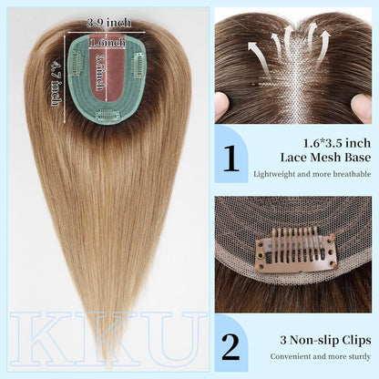 12 Inch Real Human Hair Topper with Bangs – Ombre Light Brown Silk Lace Base, 3-Clip Hair Extension for Women