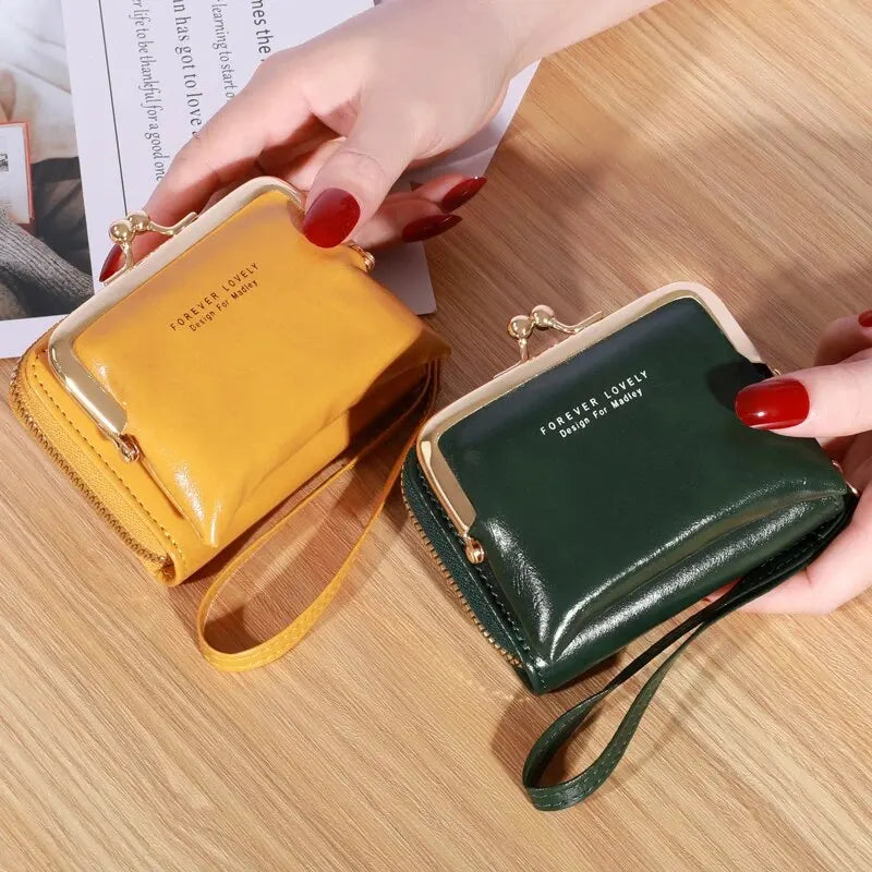 Women's Wrist Strap Wallet - Large Capacity Short Wax Oil Leather Zero Wallet with Multi-Card Holder and Letter Design