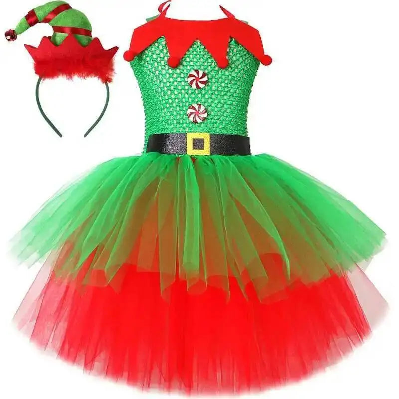 Red & Green Christmas Elf Costumes for Girls – Kids Xmas Fairy Dresses with Hat and Socks, New Year Festival Outfit