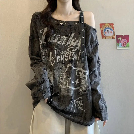 Oversized Women’s V-Neck T-Shirt - Loose Faded Off-Shoulder Long Sleeve Casual Top