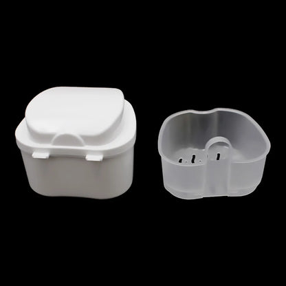 Denture Cleaning & Storage Box - False Teeth Organizer with Hanging Net for Dental Appliance Soaking and Care
