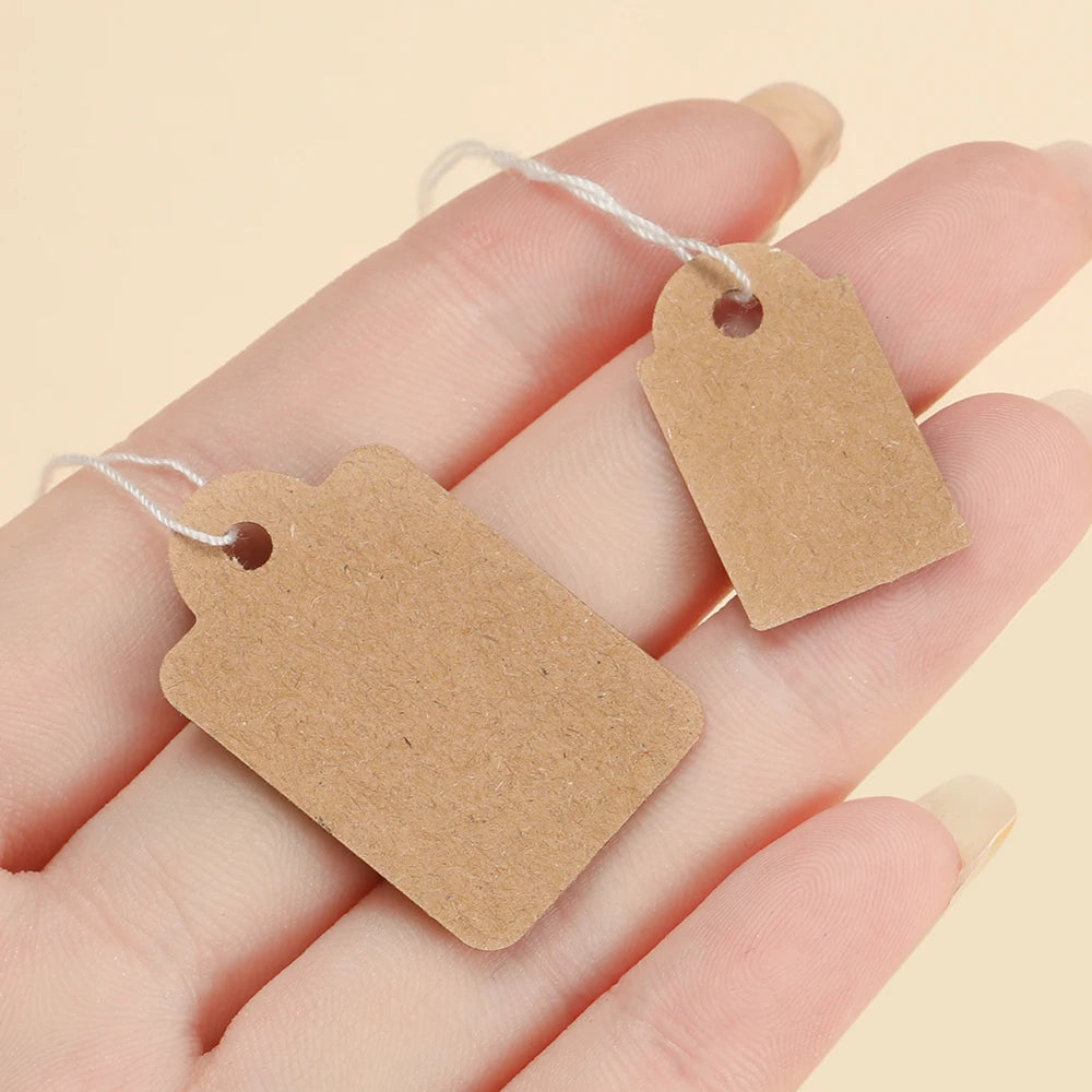 100PCS Price Label Tags — Rectangular Blank Paper Cards with String Tie for Watch & Jewelry Display Merchandise