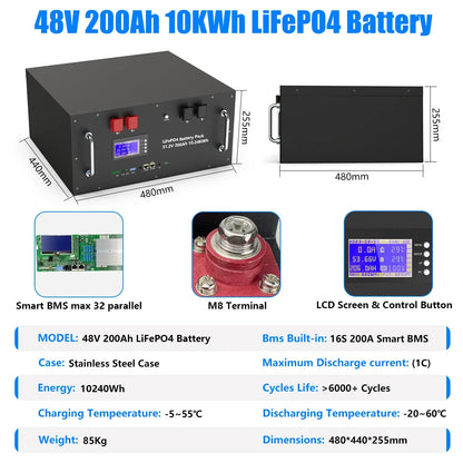 LiFePO4 48V 100Ah/200Ah Lithium Solar Battery Pack – 51.2V 10kW, 6000 Cycles, 16S 200A BMS, Max 32 Parallel for Inverter