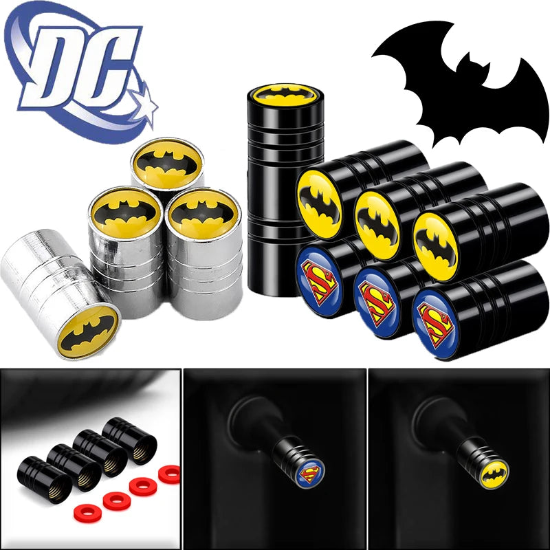 4PCS DC Comics Batman Car Tire Valve Caps — Knurled Aluminum Waterproof Accessories & Universal Car Gift