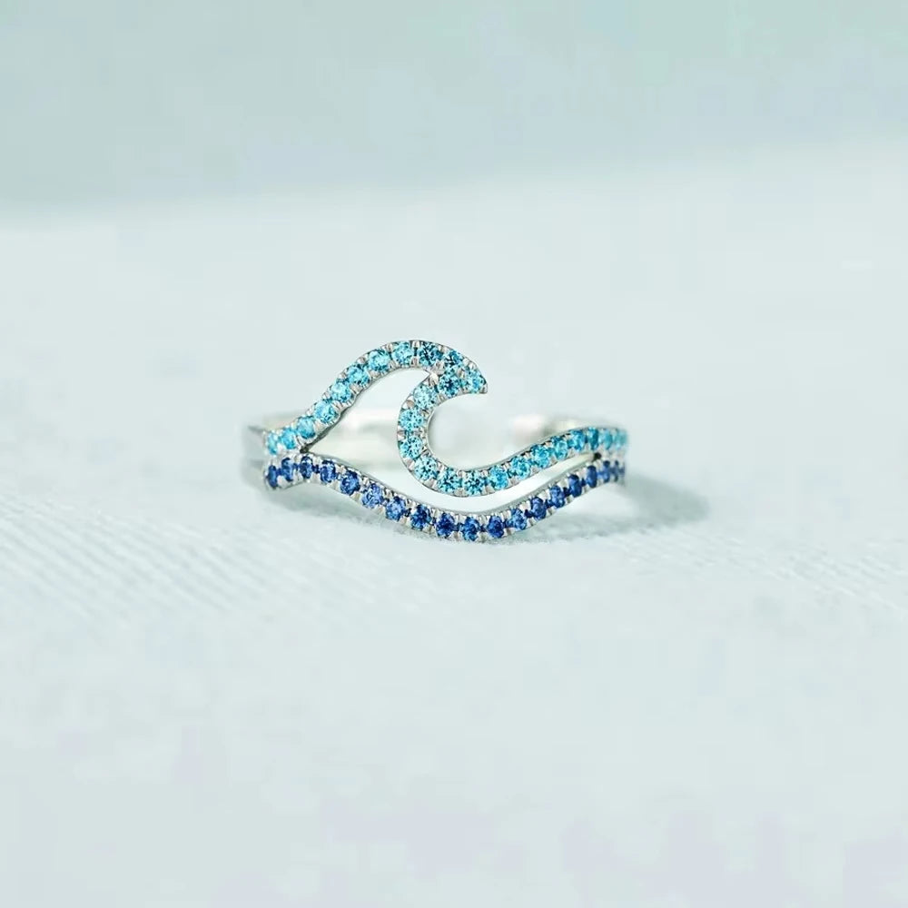 YILUOCD Blue Wave CZ Ring - Adjustable Cubic Zirconia Ocean Inspired Sea Wave Jewelry Gift for Women