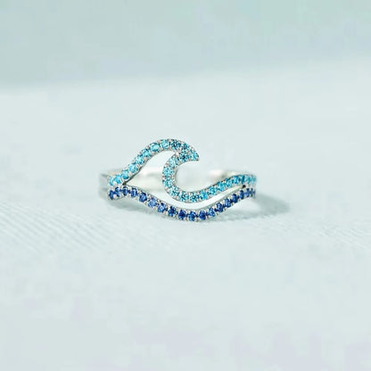 YILUOCD Blue Wave CZ Ring - Adjustable Cubic Zirconia Ocean Inspired Sea Wave Jewelry Gift for Women