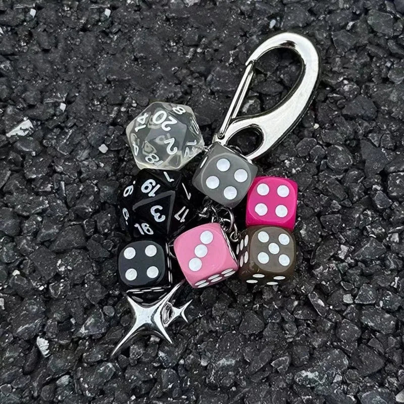 Hip-Hop Black Dice Keychain – Y2K Pink Lucky Dice & Starburst Pendant Bag Charm Punk Accessory