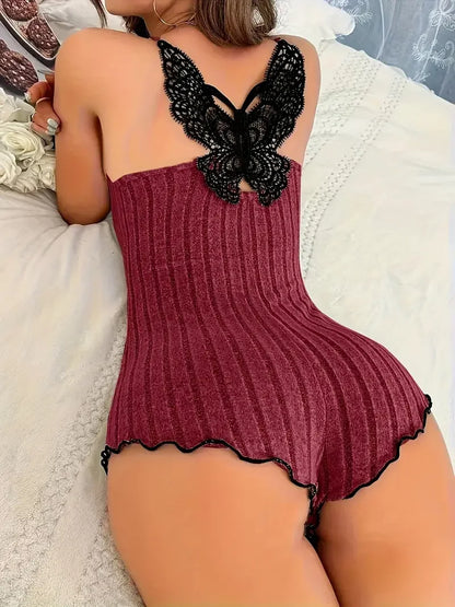 Women’s Butterfly Embroidered Onesie Pajamas – Summer Lace Splice Bodysuit Loungwear