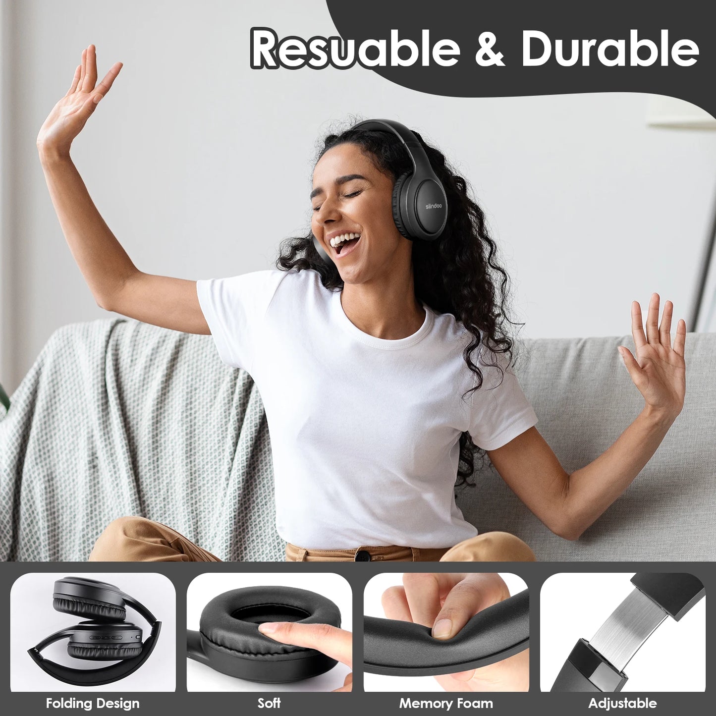 Siindoo JH-919 Foldable Wireless Headphones – Bluetooth Stereo Earphones with Mic & Super Bass, 4 Colors for iPhone, Laptop, PC