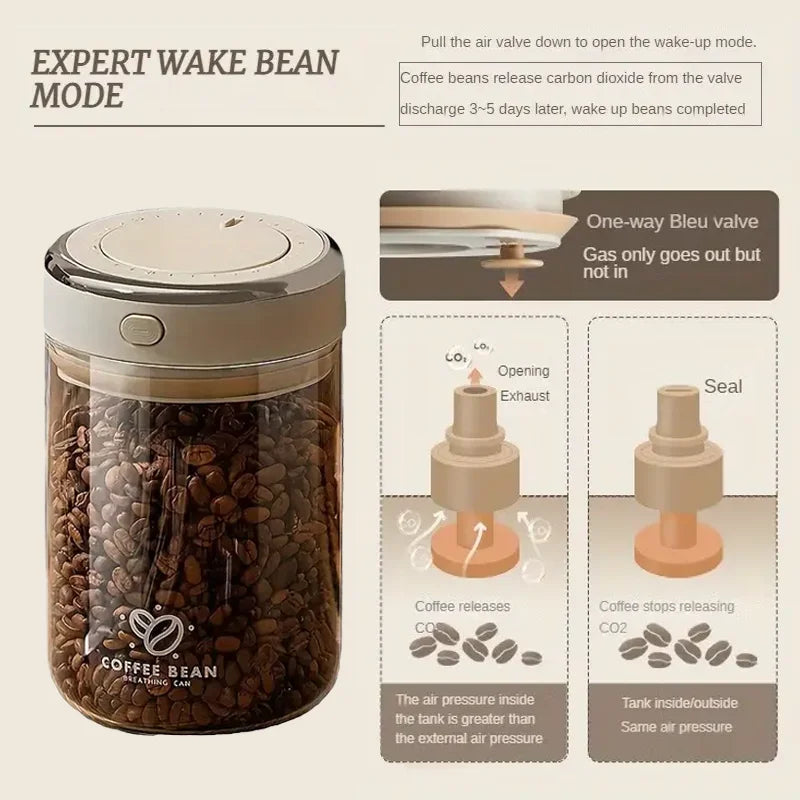 500/1100/1700ml Glass Coffee Bean Storage Jars — Vacuum Sealed, Airtight & Moisture-Proof Container with CO2 Valve for Kitchen