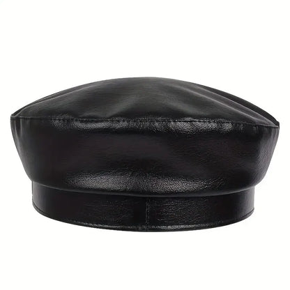 Large Buckle Leather Beret Hat - Fashion Sailor Military Cap for Women and Men