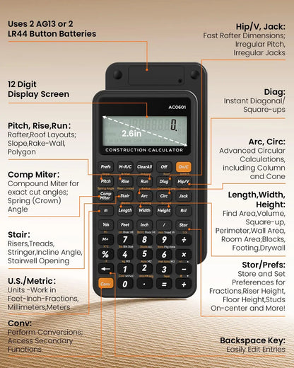Construction Calculator with Writing Tablet – ROATEE Engineering & Industrial Pocket Contractor Calculator for Concrete, Building & Scientific Use