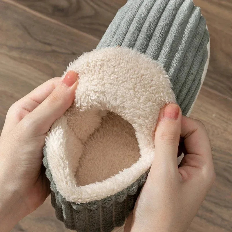 Winter Couple Striped Plush Slippers – Soft Non-Slip Warm Cotton Home Shoes for Men & Women