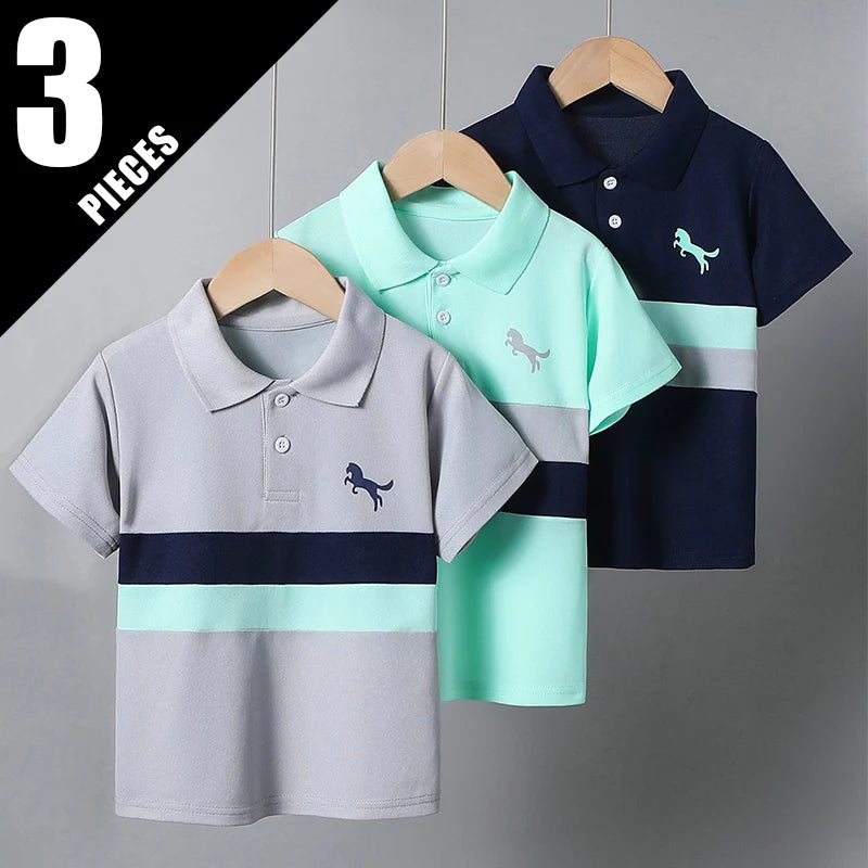 Boys' Striped Polo T-Shirt - Casual Short-Sleeve Lapel Top for Kids