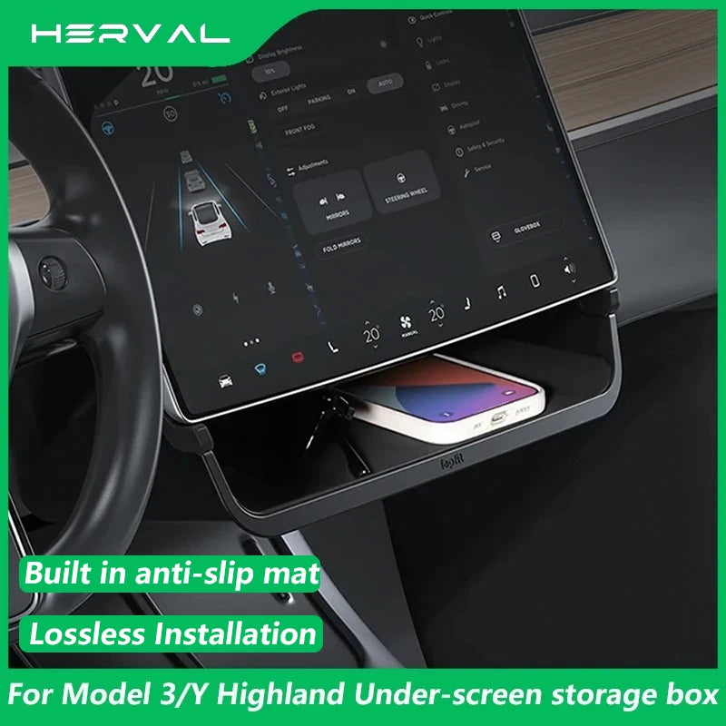 Herval Under-Screen Storage Tray for Tesla Model Y/3 2021-2025 Highland – Hidden Anti-Slip Storage Box