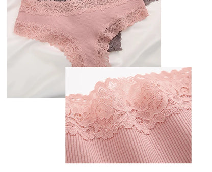 3PCS Lace Seamless Cotton Panties - Ribbed Brazilian Low Waist, Breathable Women’s Underwear, Plus Size Lingerie