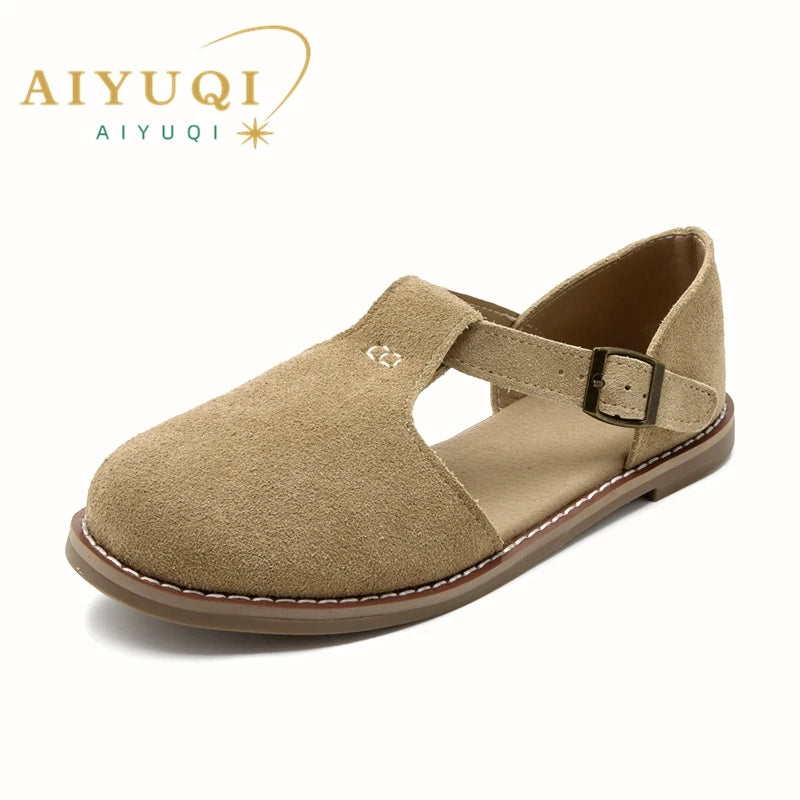 AIYUQI Women’s Retro Leather Sandals 2024 — Flat Sole Hollow Roman Style Summer Shoes