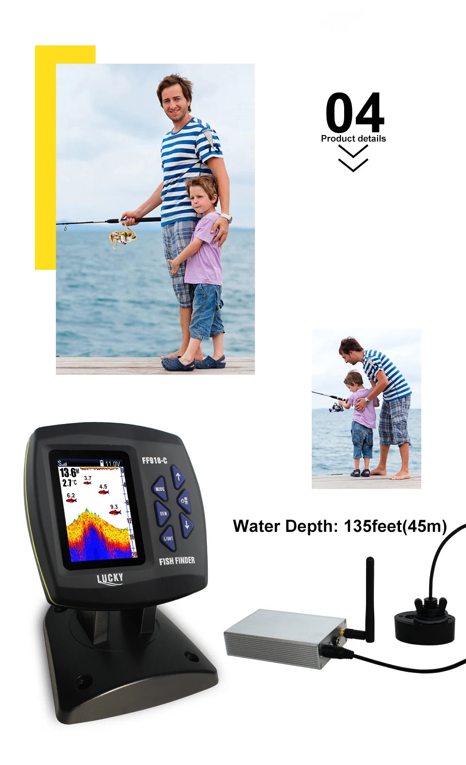 LUCKY FF918-CWLS Wireless Fish Finder – 980 ft Range, 45° Operating Range for Fishing Boats