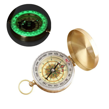 Brass Outdoor Compass - Portable Gold Pocket Navigation Compass with Glow-in-the-Dark Display for Camping & Hiking